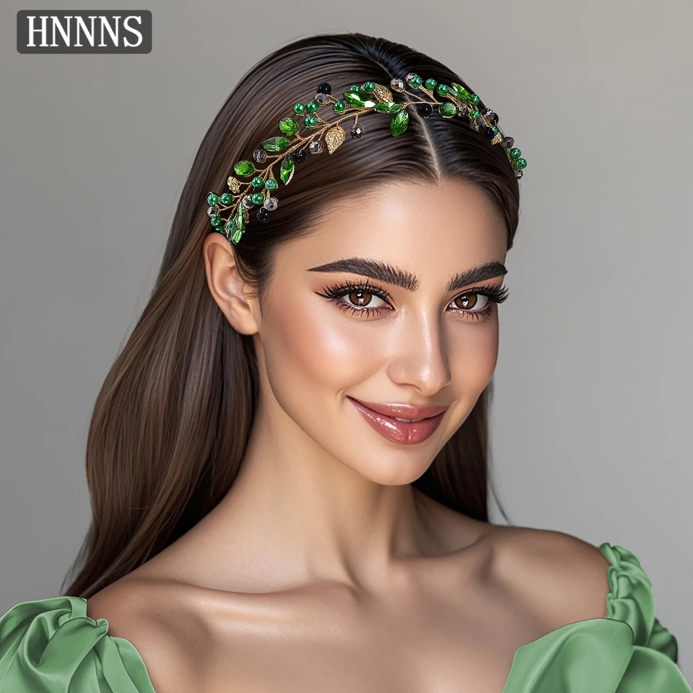 

HNNNS Luxury Pearl Rhinestone Hair Vine Green Handmade Headdress Elegant Woven Headband Wedding Holiday Hair Accessories A233