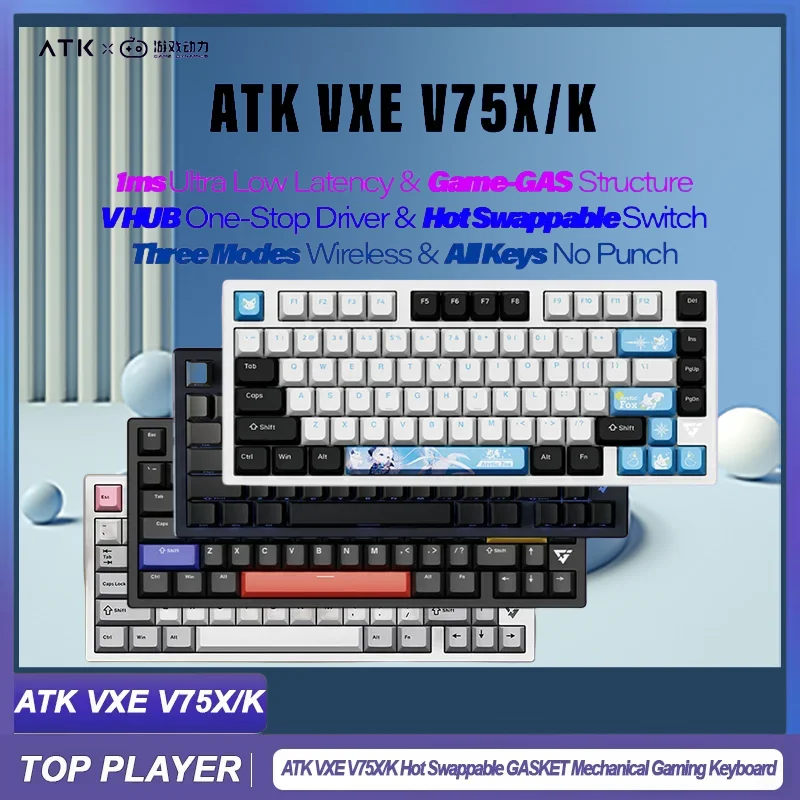 VXE ATK V75x 3 Mode Mechanical Keyboards Aluminium Alloy Cnc Wireless Smart Speed X Quick Trigger Rgb Hot Swap Gaming Keyboards