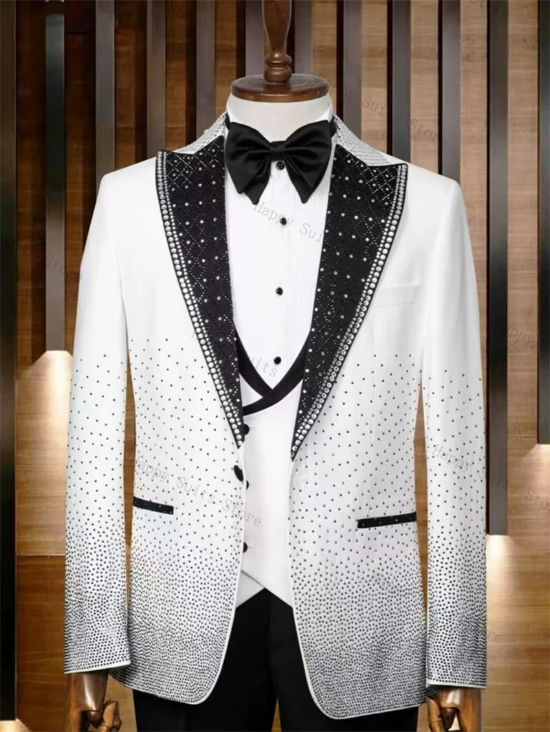 

Luxury White Men Suit Set 2 Pieces Blazer+Black Pants Trouser Stone Crystal Coat Wedding Tuxedo Formal Office Customized Jacket