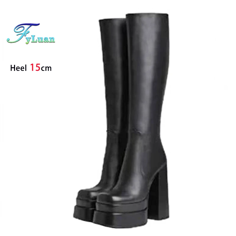 

Size 35-46 Women Square Toe Knee-high Boots 15CM Back Zipper Black Chunky Platform Boots Europe and America New Goth Woman Shoes