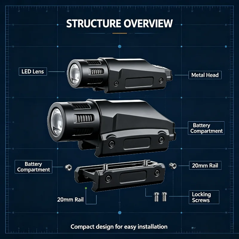 20mm Rail Fixed Metal Lighting Module Button Battery Flashlight Secure Installation Hobby Model Illumination Tool