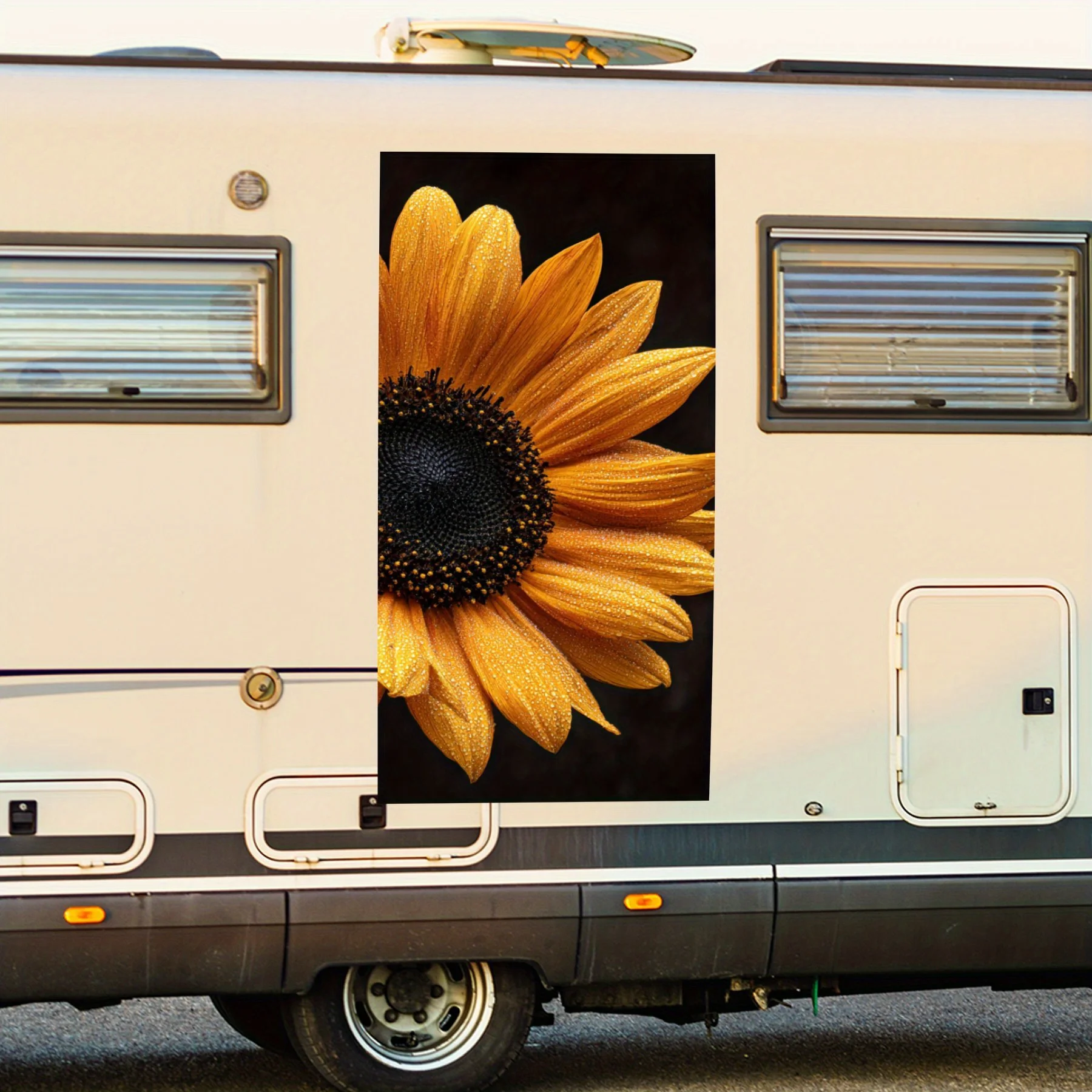 

Оранжевый подсолнух на черном фоне, водонепроницаемая виниловая наклейка для стороны автофургона, самоклеящиеся наклейки для украшения и защиты корпуса автофургона,