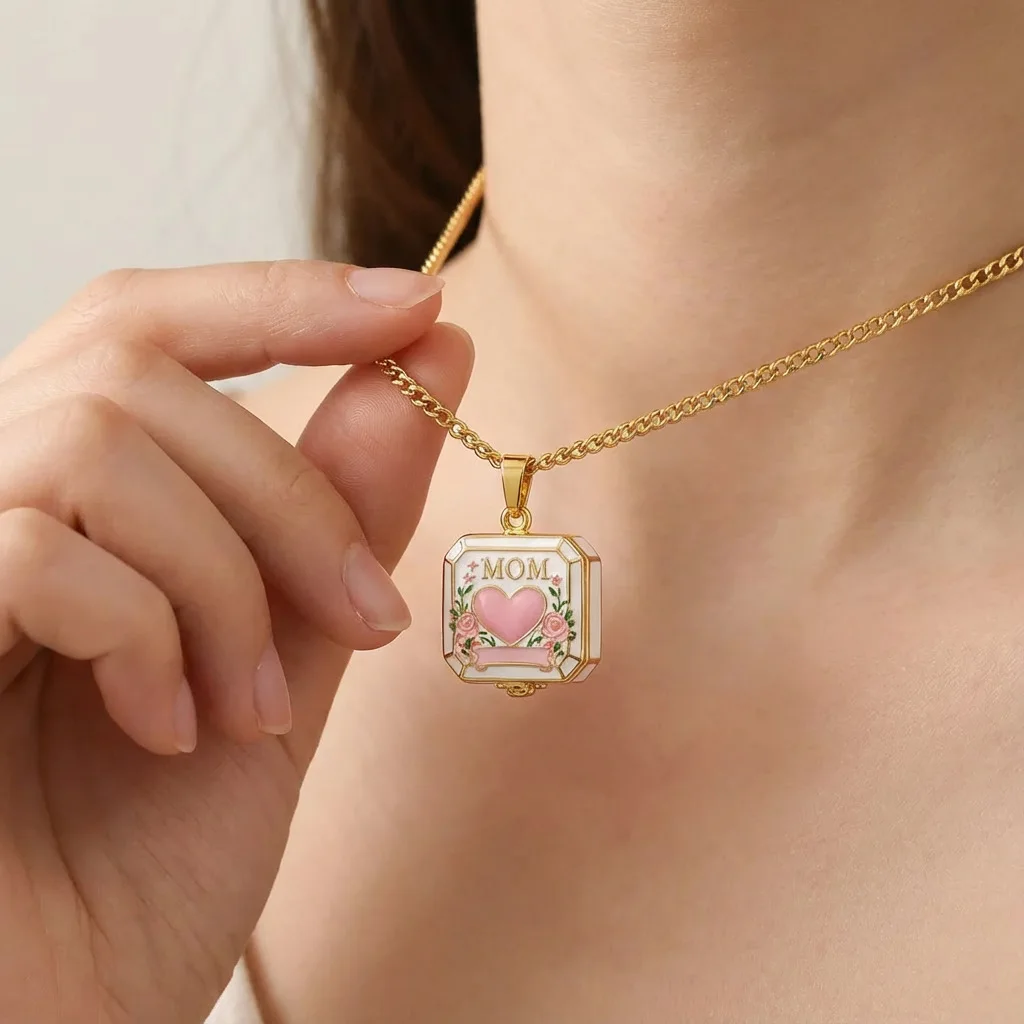 Fashionable Square Necklace for Women Girls New Year Gift Box Open Pendant Necklace Clavicle Chain Enamel Mom Necklace Jewelry