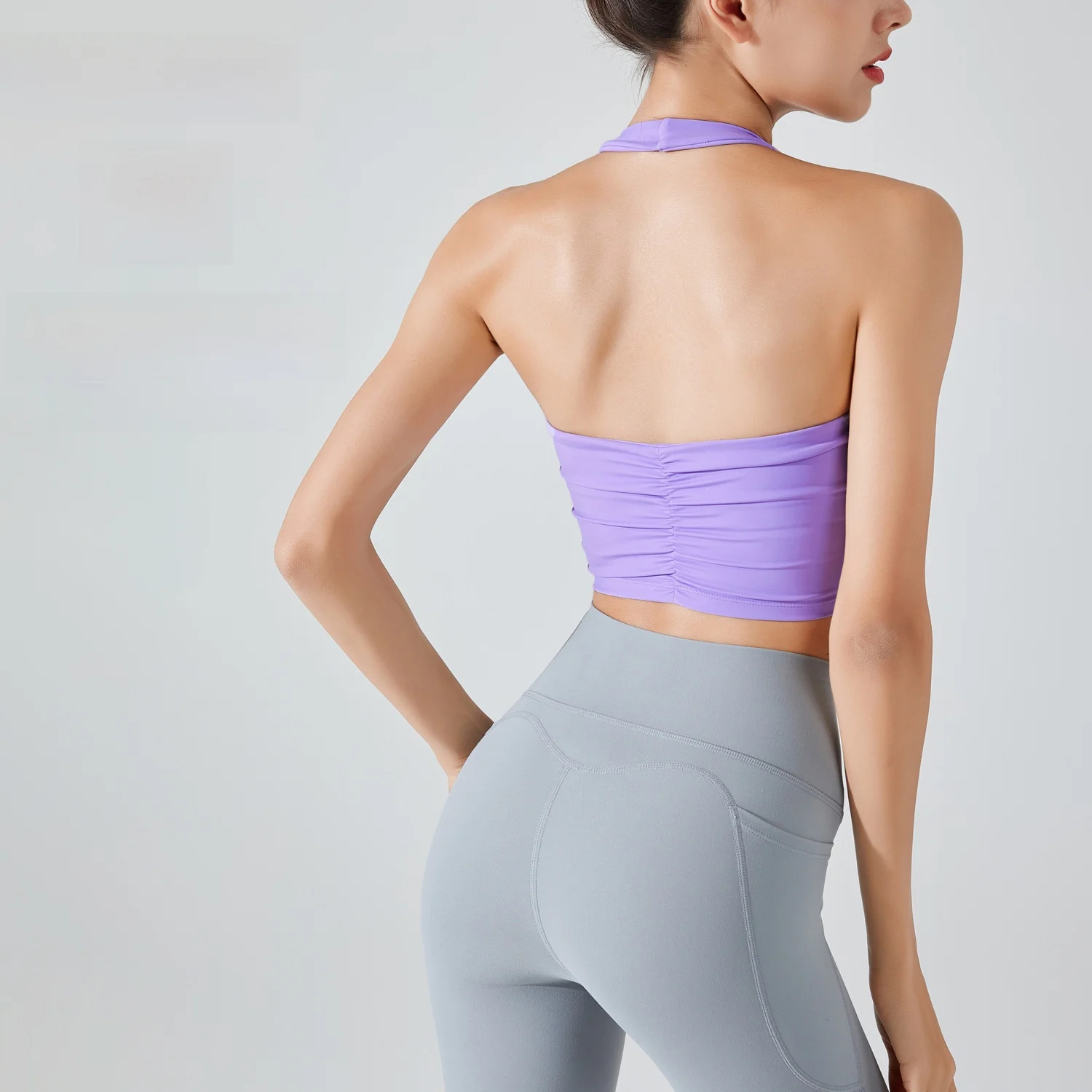 

Женский спортивный топ, корсет для фитнеса, дизайн с подвесным воротником, плиссированный жилет для йоги со сборкой на талии, новый европейский и американский стиль для бега