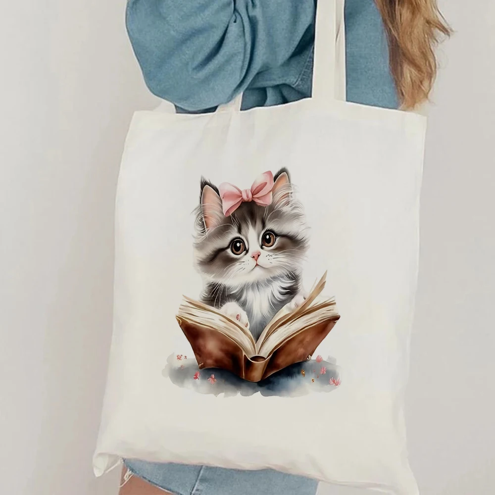 Watercolor Fluffy Ragdoll Cat With Pink Bow Canvas Tote Bag Cute Reading Kitten Print handbag Eco Friendly Shopping Bag Daily