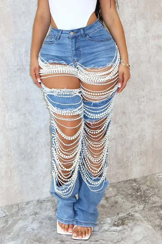 

Ripped Jeans for Women Straight Pants Diamonds Chain Stretch Distressed High Waist Floor Length 2025 Streetwear Denim Trousers