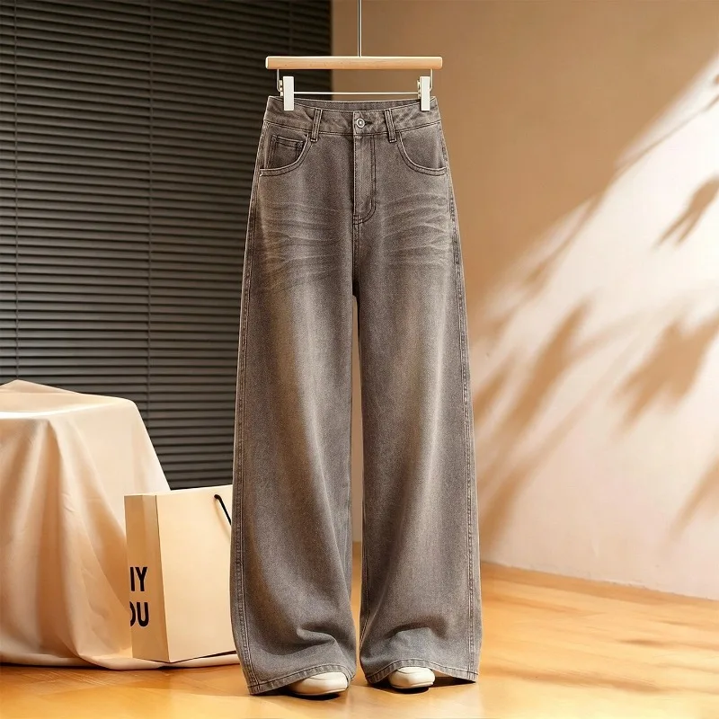 2026 Distressed Slub Pattern Jeans Women's Washed Denim Straight Trousers Autumn High-waist Loose Wide-leg Pants Casual Jeans