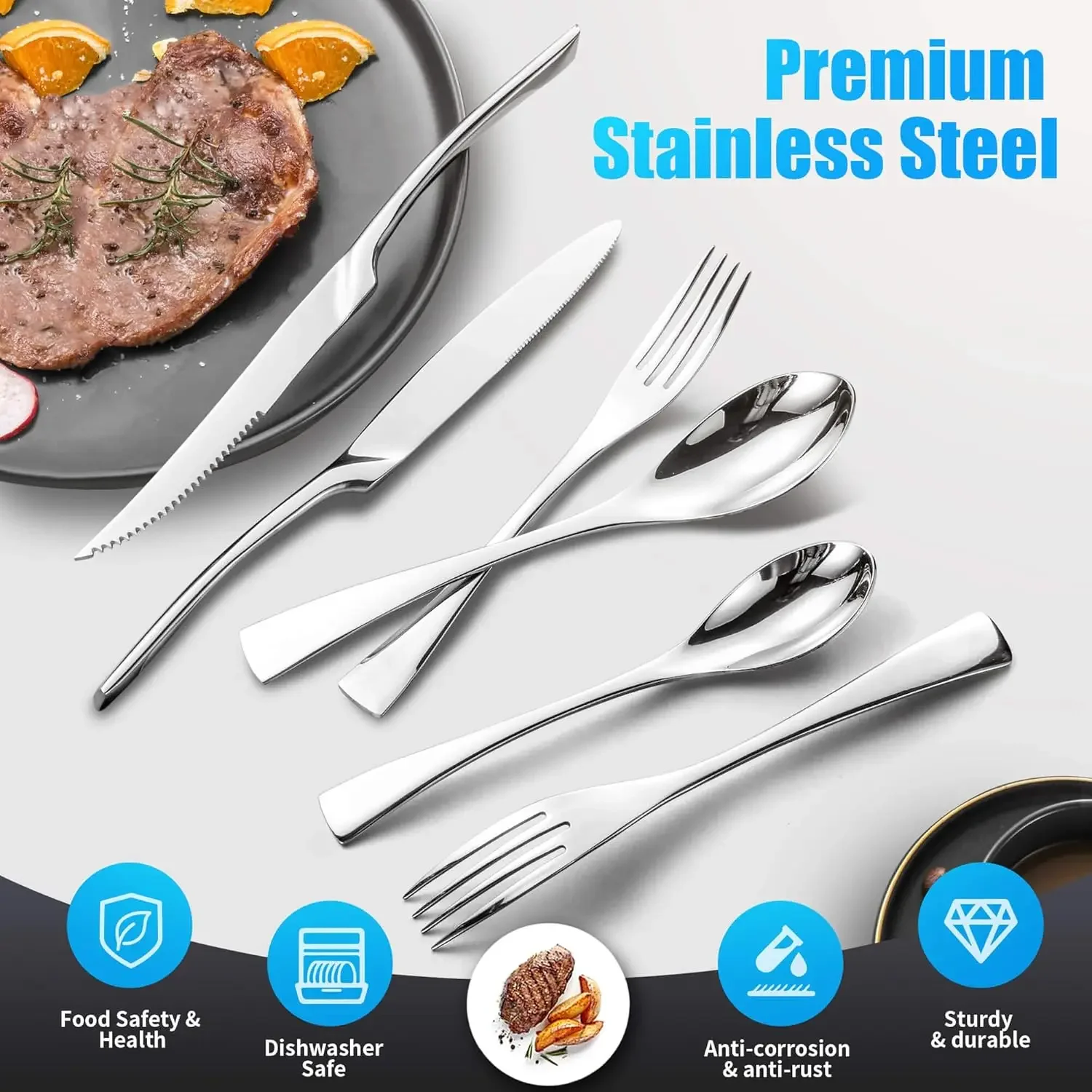24-Piece Silverware Set for 4 with Steak Knives, Heavy Duty 18/10 Stainless Steel Flatware, Modern Cutlery Set, Dishwasher Safe view 2
