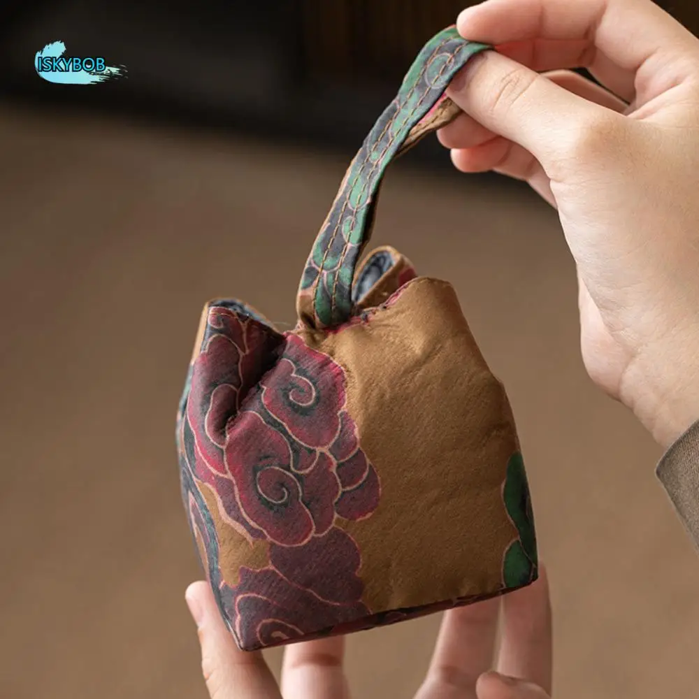 

Printing Chinese Style Tea Cup Storage Bag Interwoven Retro Teapot Cloth Pouch Portable Square Silk Brocade Handbag Camping