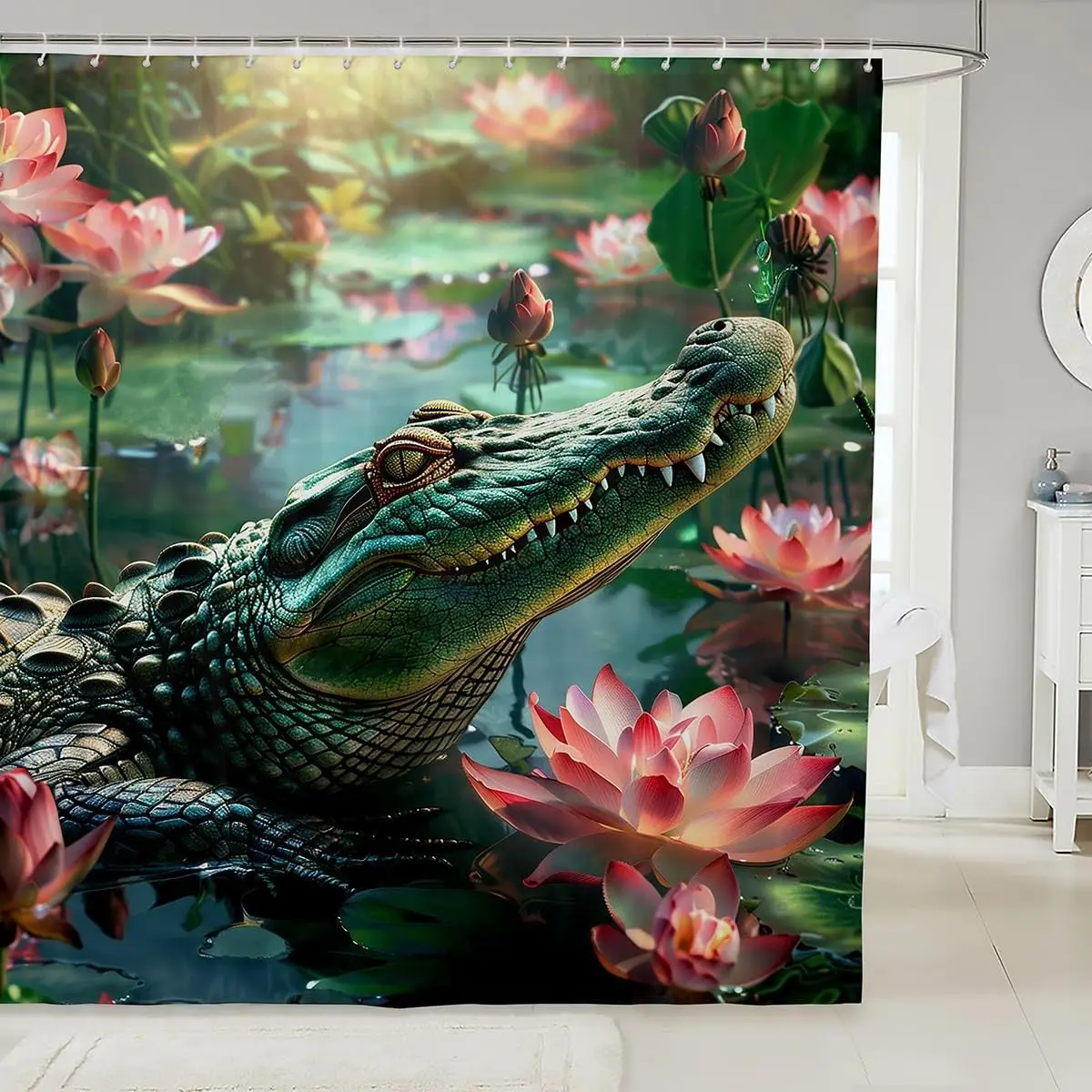 3D Crocodile Waterproof Bathroom Curtain Pink Lotus Flower Bath Curtain, River Animal Shower Curtain Floral Bathroom Accessories