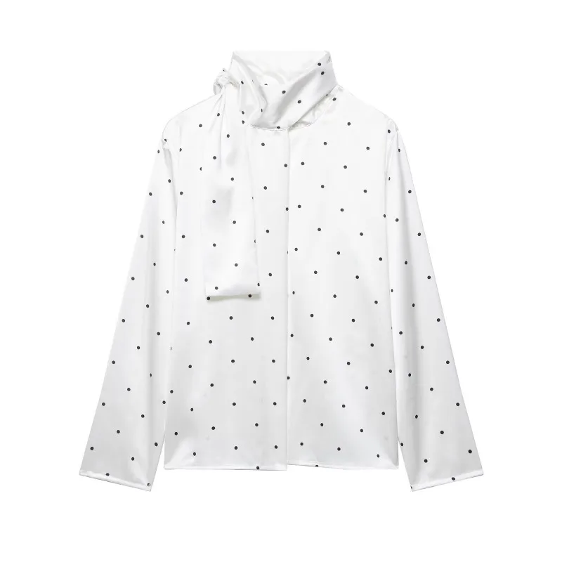 

Women's Elegant White Polka Dot Satin Blouse Scarf Tie Neck Long Sleeve Shirt Casual Office Workwear Top