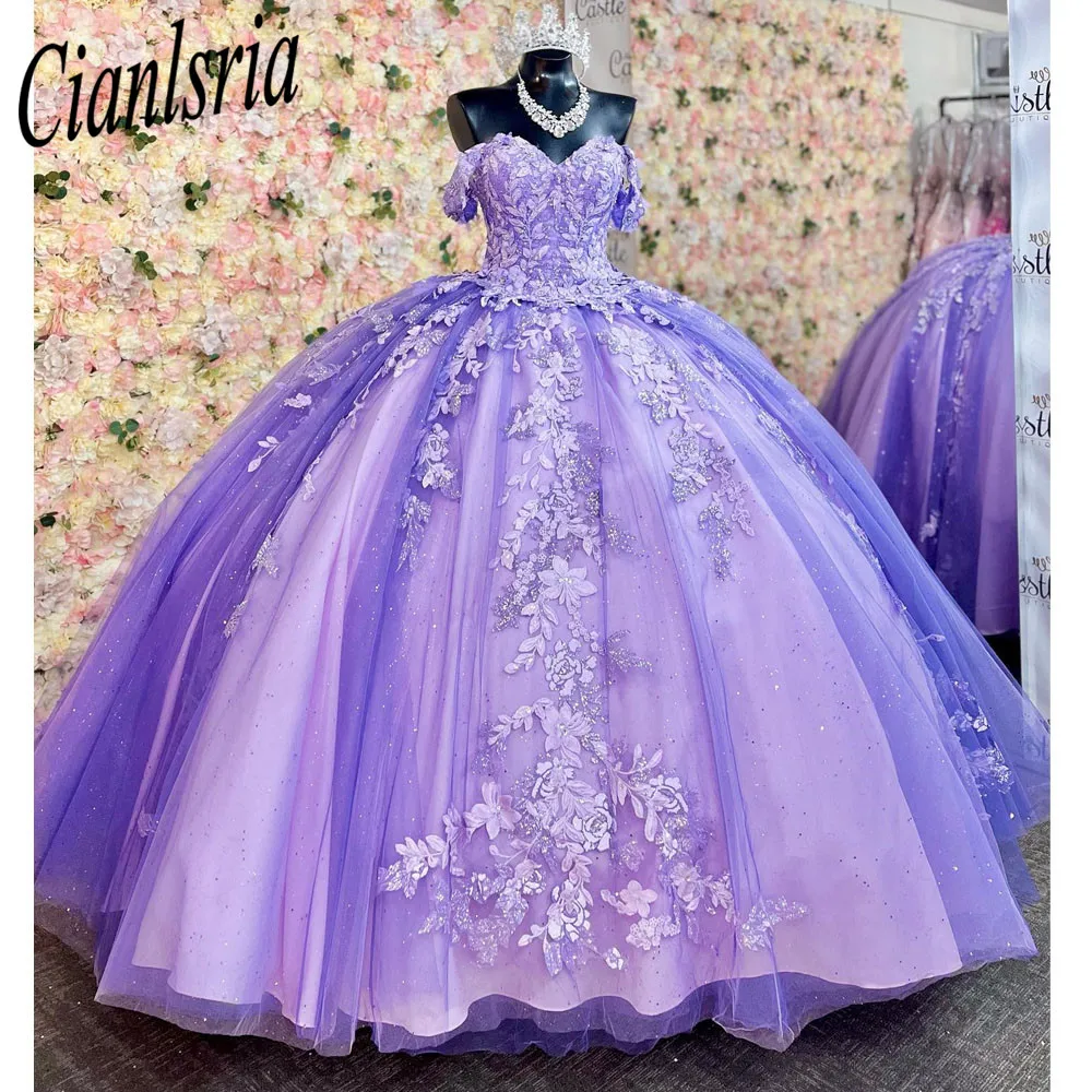 رداء كرة برباط من Lilac-Quinceanera للبنات ، مزين بالخرز ، فستان تخرج ، فساتين حلوة 16 ، 15 سنة