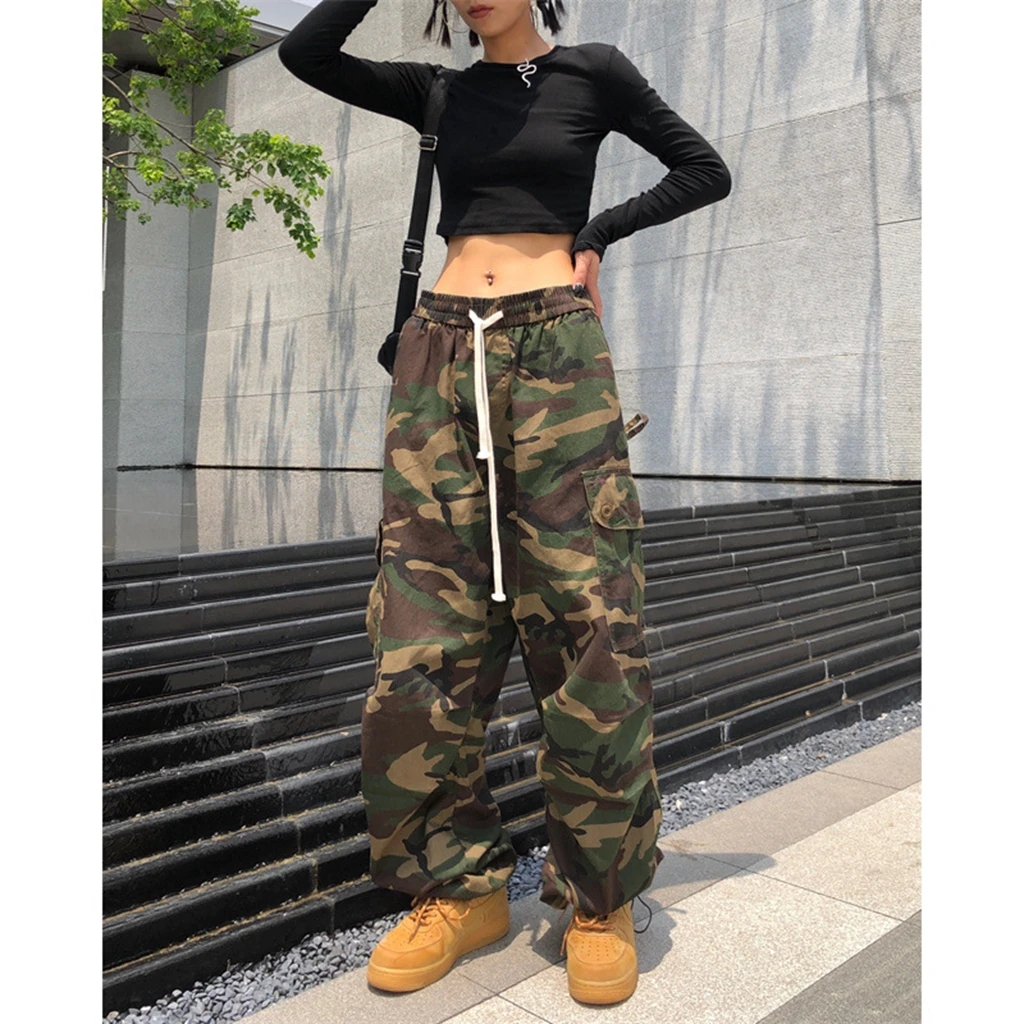 

Multipocket Retro Camouflage Cargo Pants Hiphop Thin Pant Men Women Drawstring Casual High Waist Washed Pants Straight Leg Pants