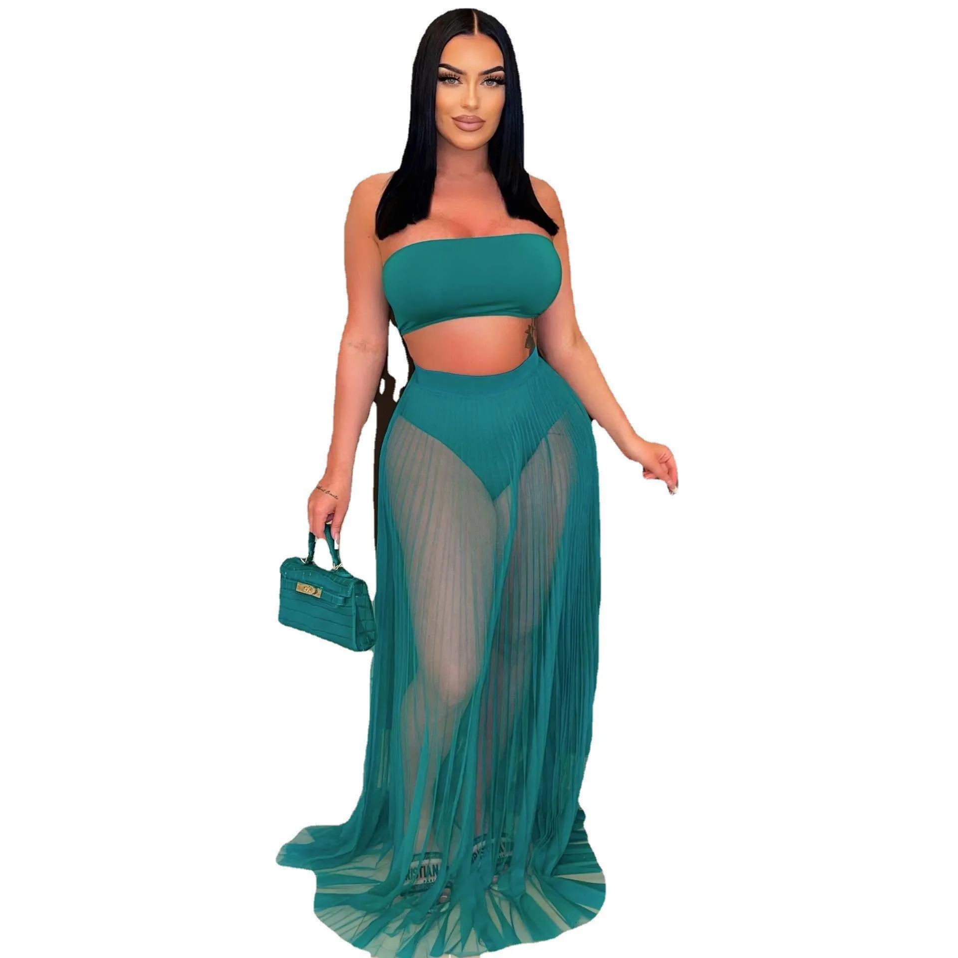 Women High Waist Mesh Skirts Crop Tops Set See Through Solid Transparent Chiffon Maxi Long Skirt Two Piece Suit Summer 2023