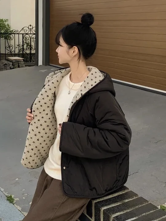 

Korean Sle ort Thiened Cotton Lined Double Sided Wear Heart Patterned Lamb Fur Jaet Women's Cute Anti-Aging Design Top