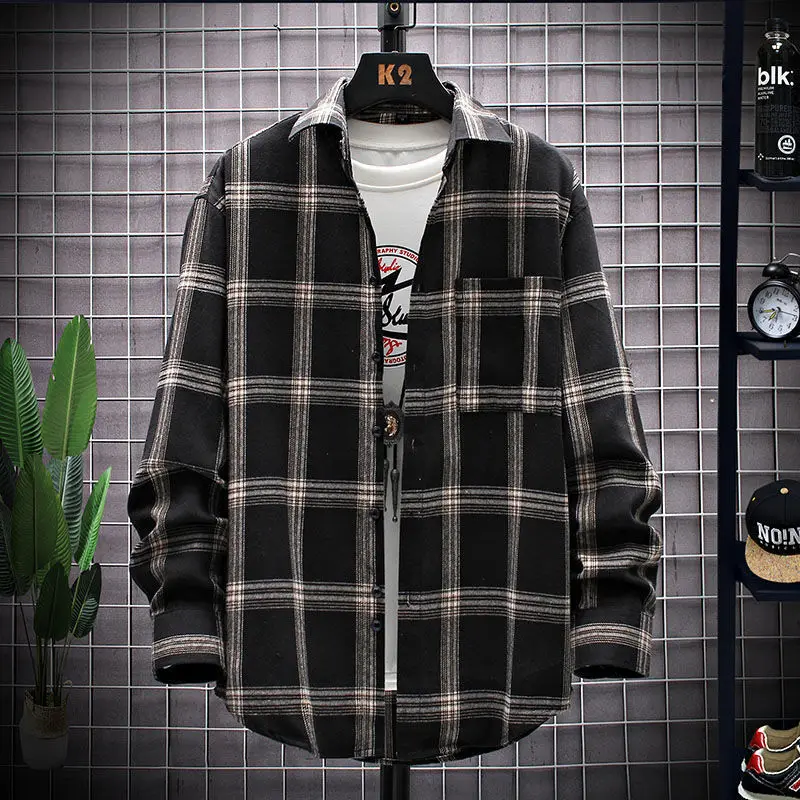 Primavera outono moda tendência coreano simples blusa masculina manga longa camisa xadrez solta casual topo homem todos os jogos streetwear roupas