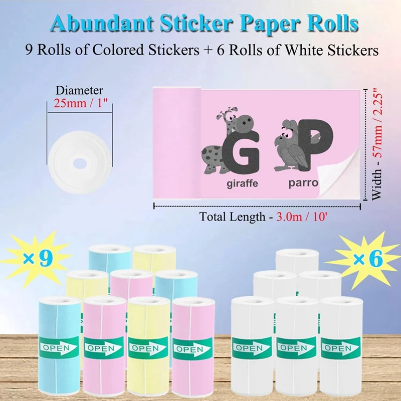 A23F-15 Rolls Thermal Sticker Paper For Mini Printer Sticker Maker, 9 Colored And 6 White Mini Printer Sticker Paper