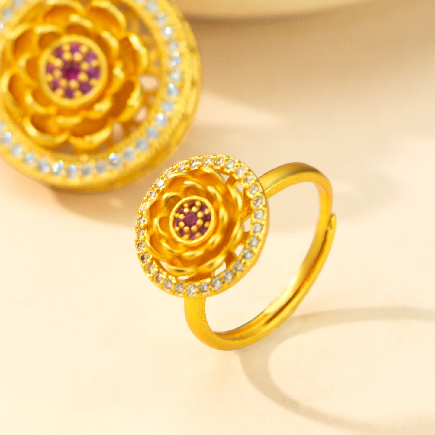 9999 gold inlaid lotus ring for women, heavy workmanship, high-end style, adjustable opening, rotating design, finger ring