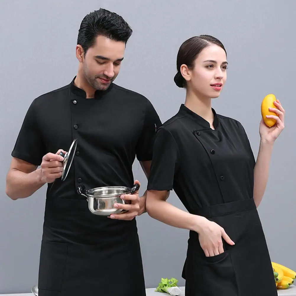 Camisa de manga corta para Chef, camisa Unisex resistente a las manchas con cuello levantado para cocina, panadería, restaurante, pantalones cortos para camareros