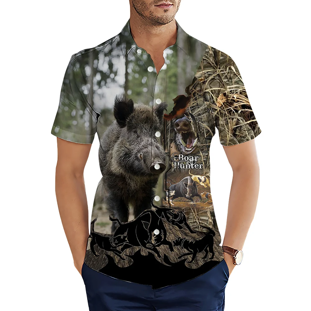 HXFashion Men's Shirts Boar Hunting 3D Printed Casual Shirt Summer Short Sleeve Beach Shirts for Men Clothing Dropshipping