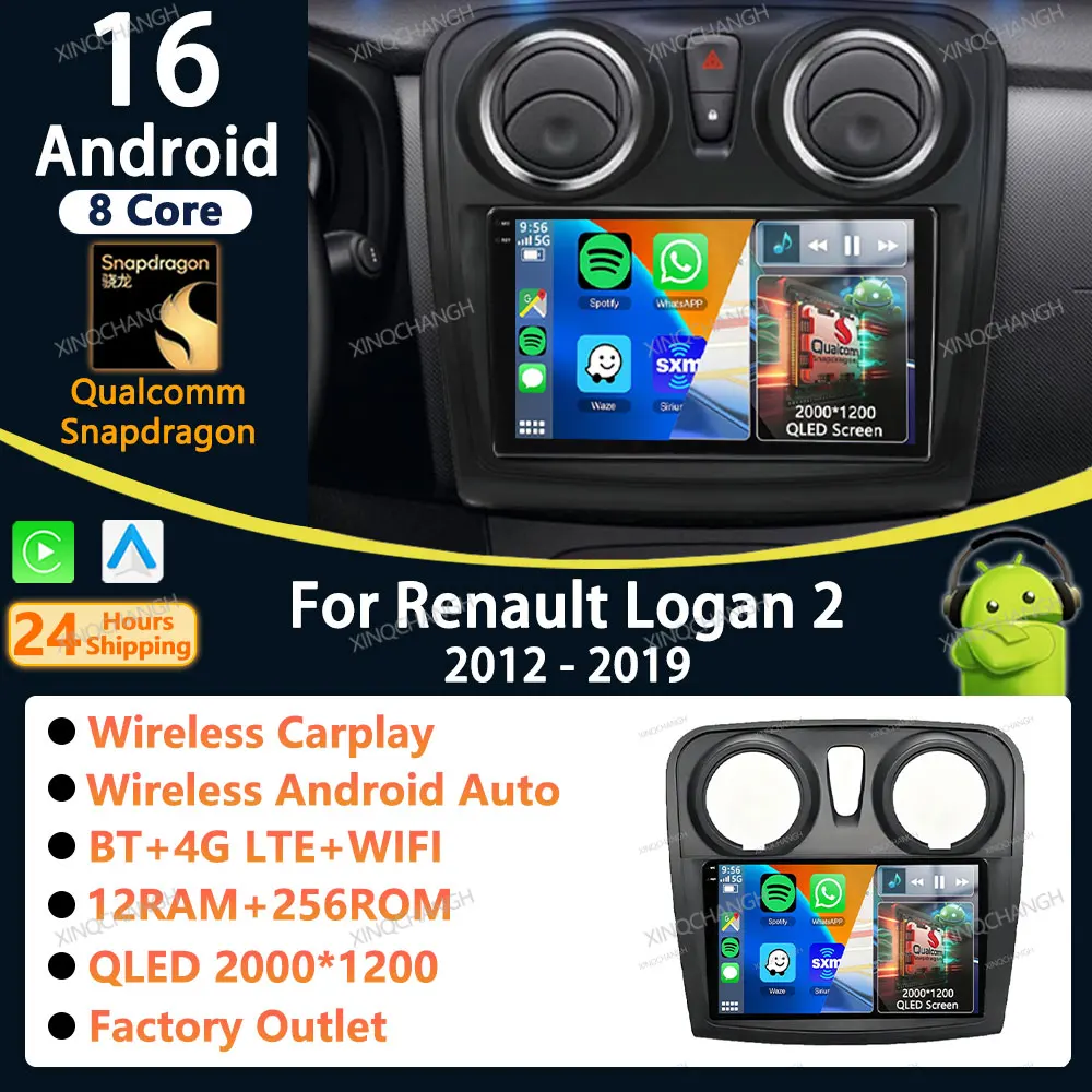 Rádio Automotivo Android 16 com Carplay Auto para Renault Logan 2 Sandero 2012 - 2019, Kit de Painel para Instalação no Painel, Reprodutor de Áudio e Vídeo, Moldura Estéreo