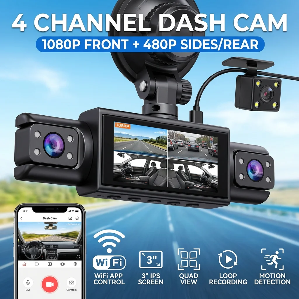 4 Channel Dash Cam 1080P Front + 480P Left Right Rear WiFi Car DVR Camera 3