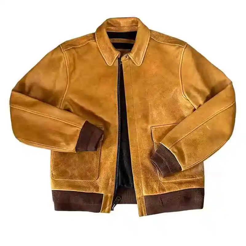 Yellow Winter Leather Jacket Men Retro Style Plus Size 5XL Genuine Natural Thick 1.7mm Cowhide Military A2 Flight Coat