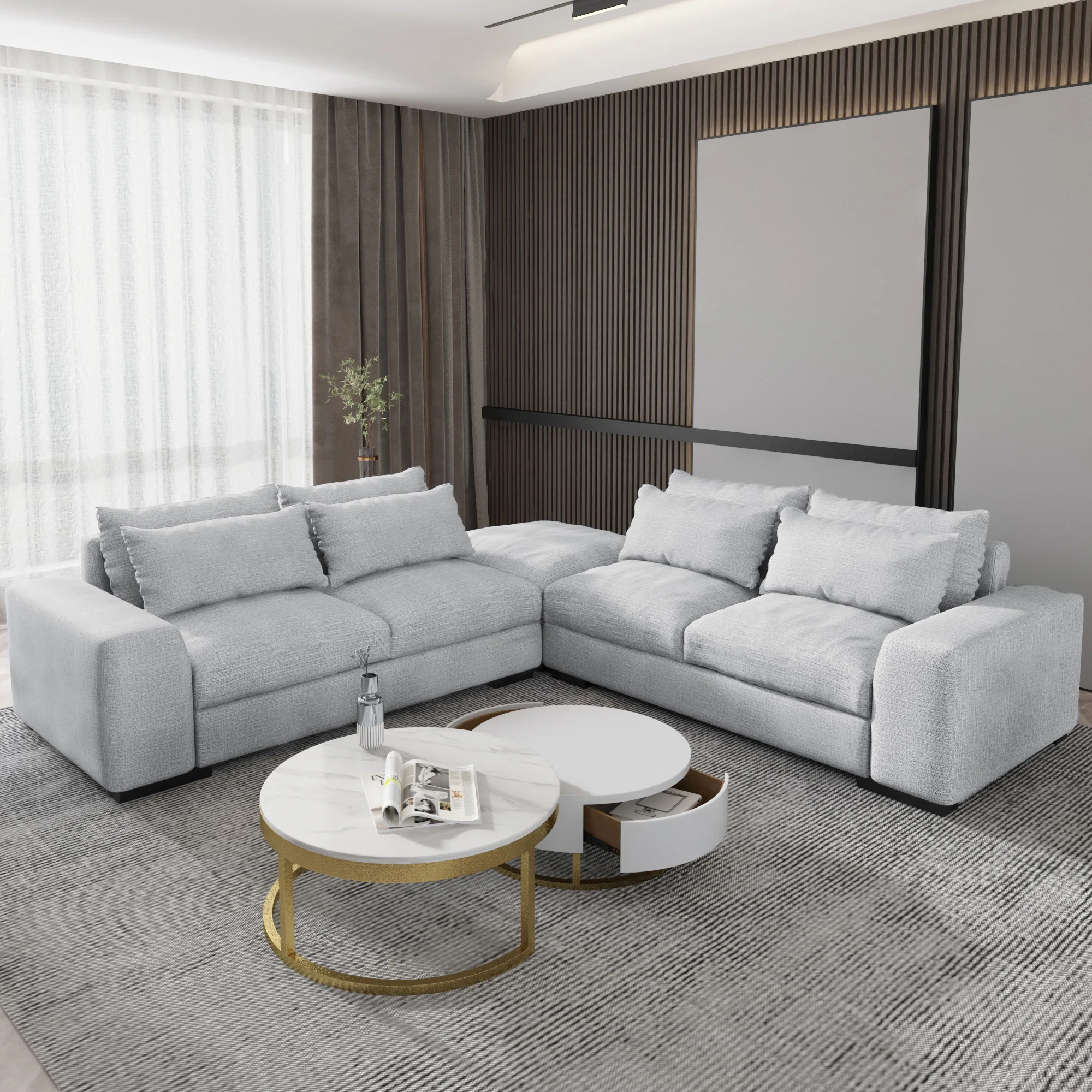 149'' L-Shaped Gray Modular Linen Sectional Sofa Chaise with Ottoman for Living Room Reversible Seating Component Couches Sofas