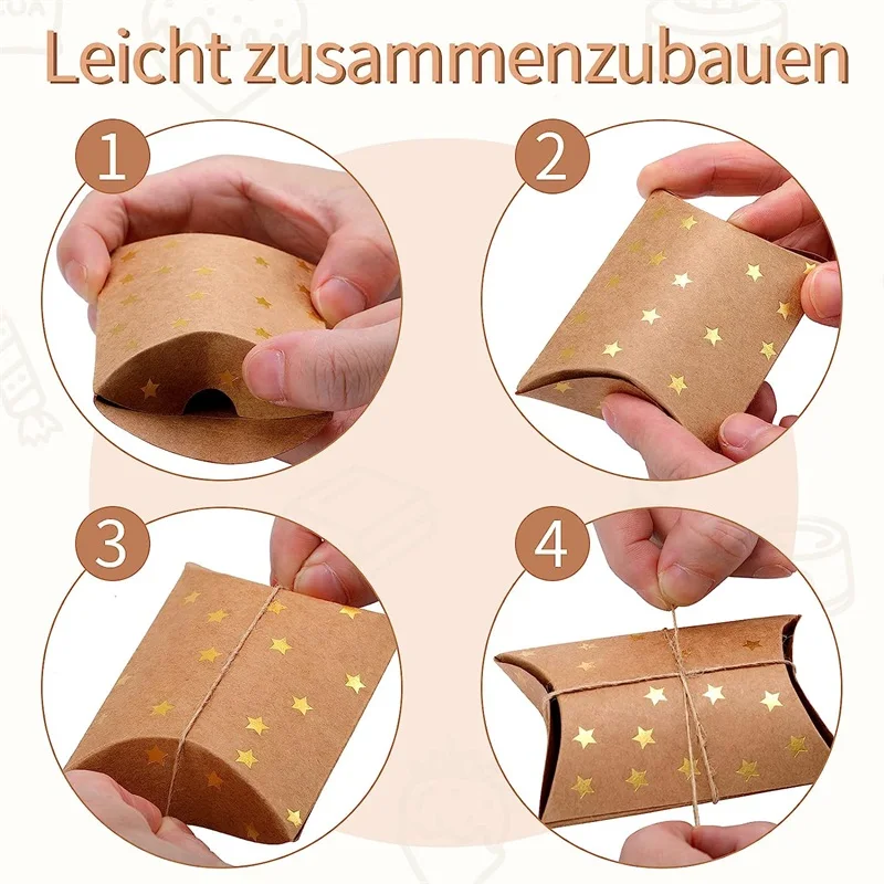 50 Stück kleine Geschenk-Kissenboxen aus Kraftpapier mit Juteschnur für Hochzeit, Neujahrsgeschenk und Geburtstagsparty-Geschenk – Detail 3