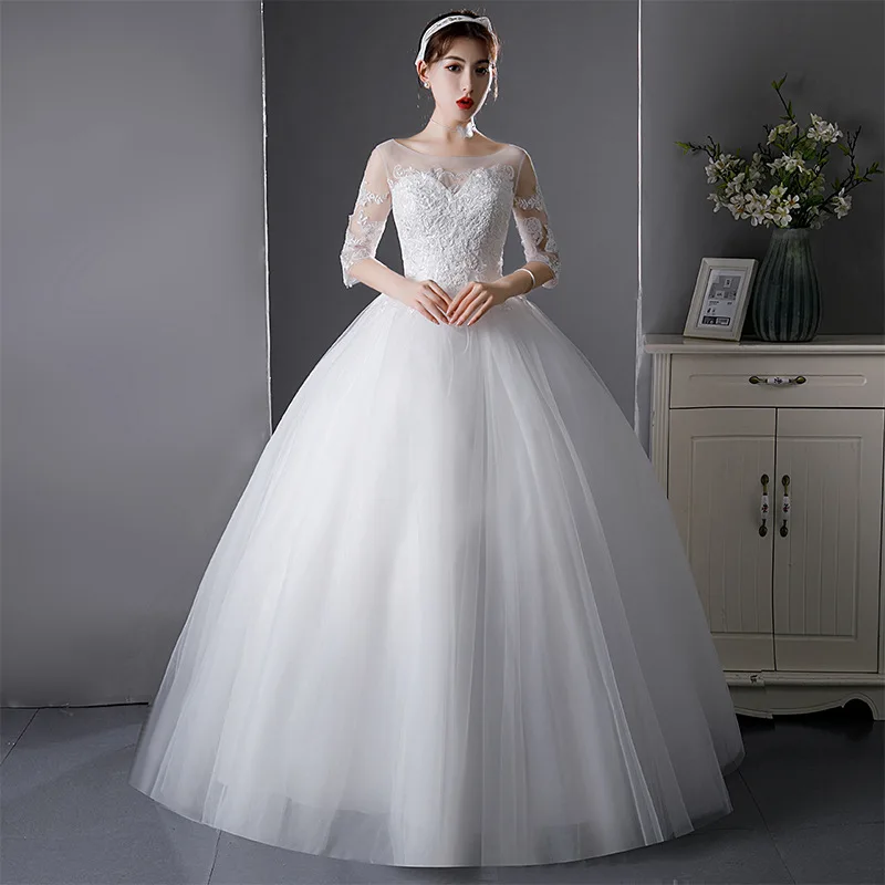 It's Yiiya White Wedding Dresses O-neck Appliques Half Sleeves Lace up Princess Floor-length Plus size Bride Ball Gowns FH012