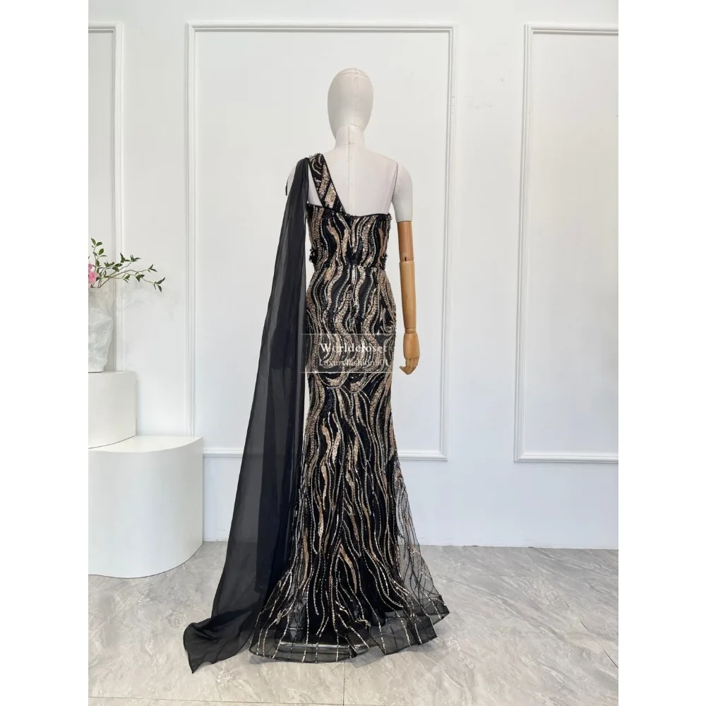 Dress with Floral Shoulder for Party 2025 New Black Beaded Deep V-Neck Mermaid Evening