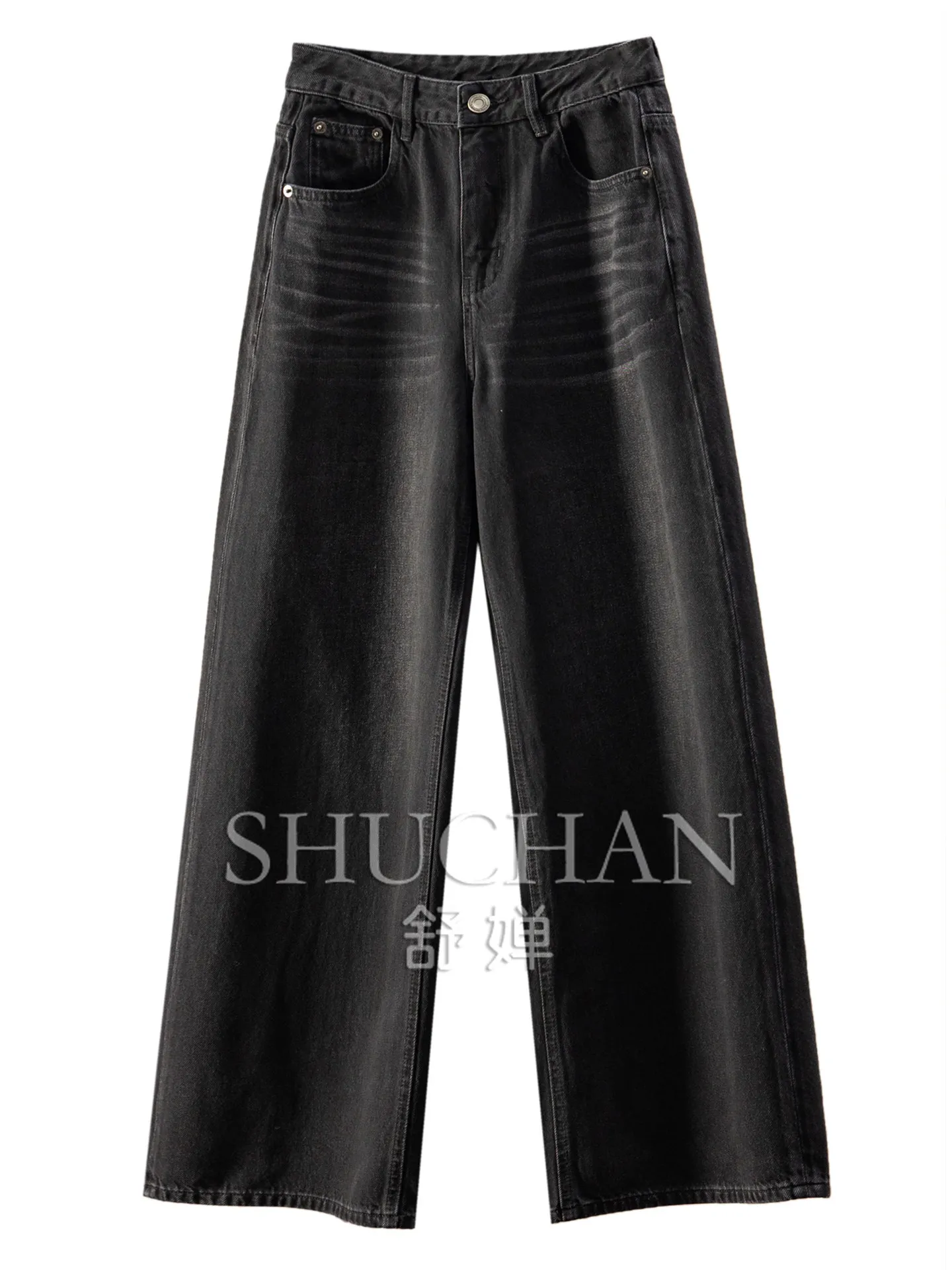 Natural Gradual Change Cat Whiskers, Law G Thin Black Water Wash Denim Wide Legs Straight Trousers Women 17X0