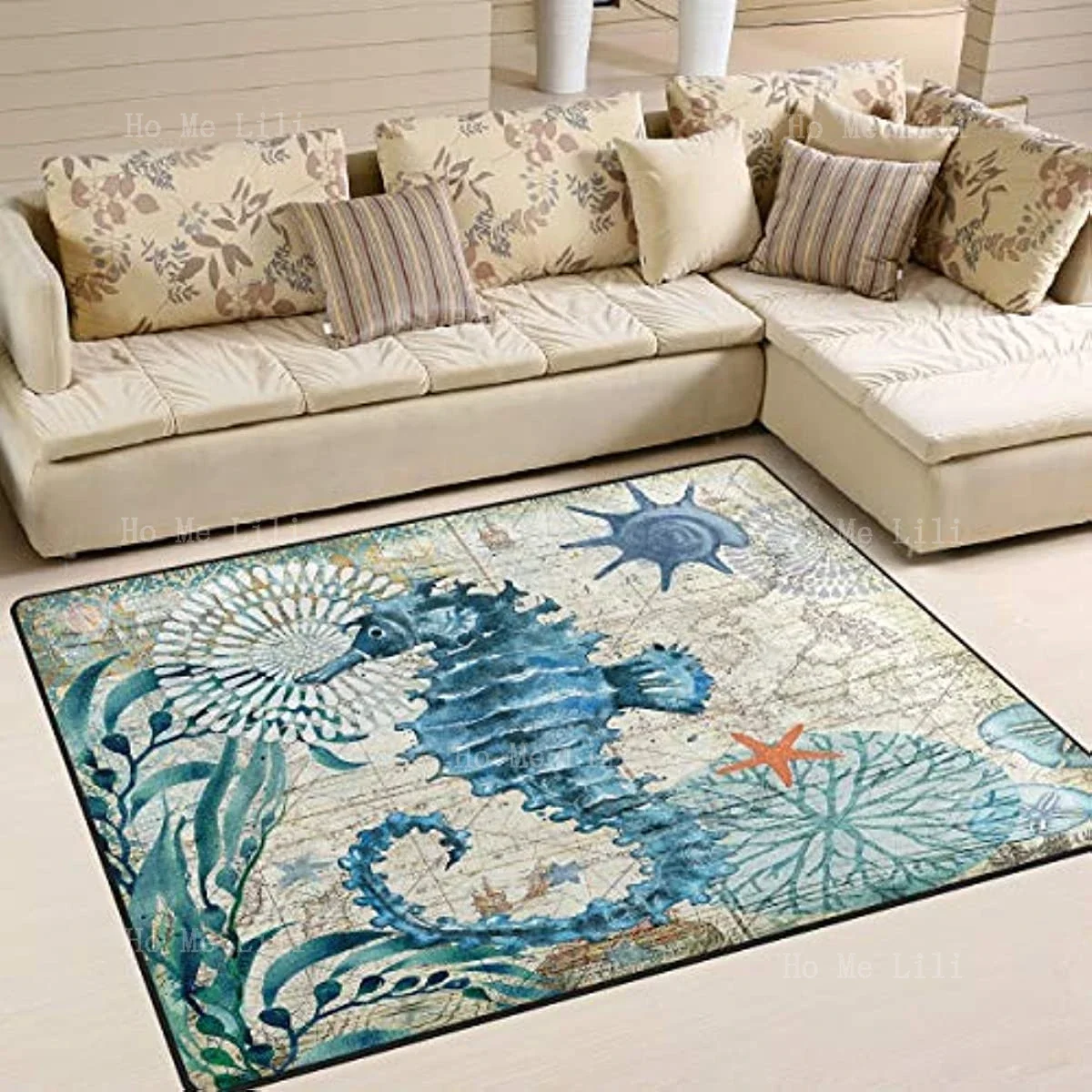 

Octopus Beach Ocean Blue Underwater World Seahorse Starfish Coral Reef Vintage Area Rug