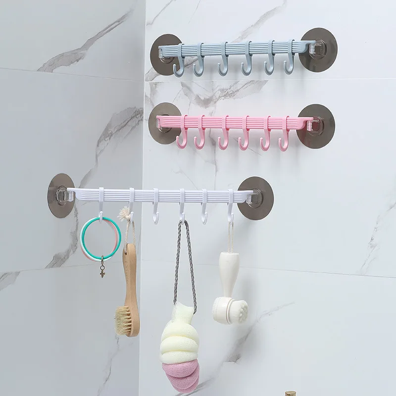 No Drill 6 In 1 Adhesive Wall Hooks Nail Free Heavy Duty Row Hanging Rack For Bathroom Kitchen Towel Clothes Storage