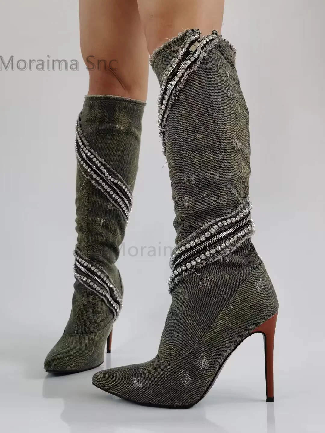 

Denim Zipper Rhinestones Chain Winding Stiletto Knee High Boots Pointed Toe Women's Boots High Heels Spring Autumn Lady Shoes