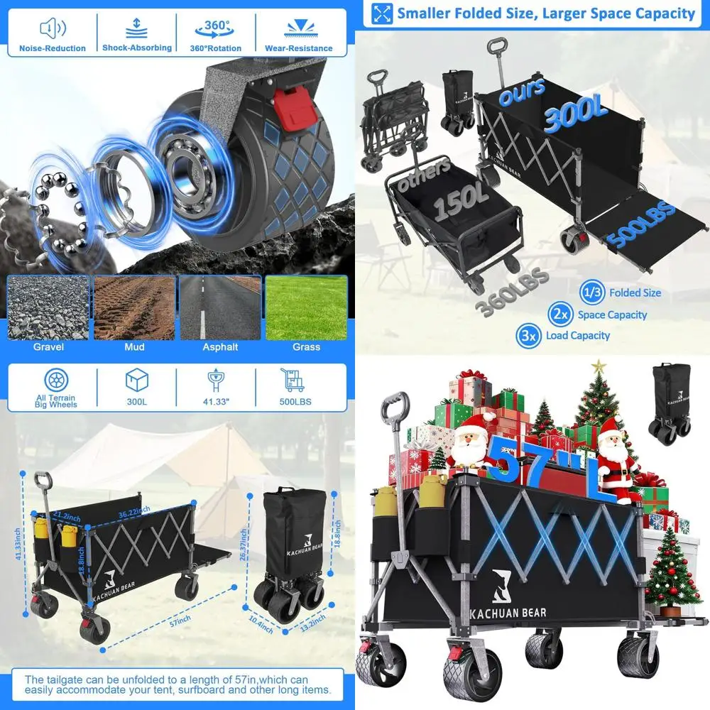 

Большой складной универсальный тележка 57 с сумкой и тормозом, вездеходная пляжная тележка емкостью 500 фунтов для улицы, садоводства,