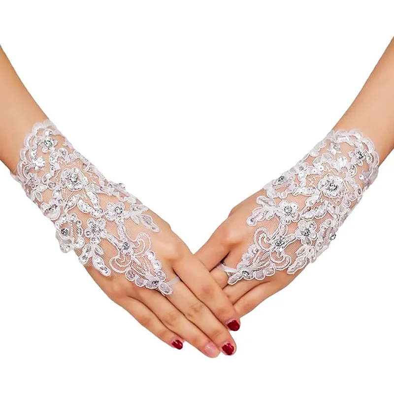 Flower Girl Gloves White Lace Short Fingerless Child Size Wedding Party Dance Stage Show Decor Soft Lightweight Elegant Princess