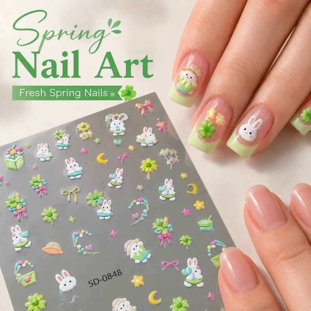 1Pc Coquette Cute Bunny Nail Decals Embossed Lucky Clover Hat Rabbit Bow Moon Waterproof Single Sheet Nail Salon Supplies