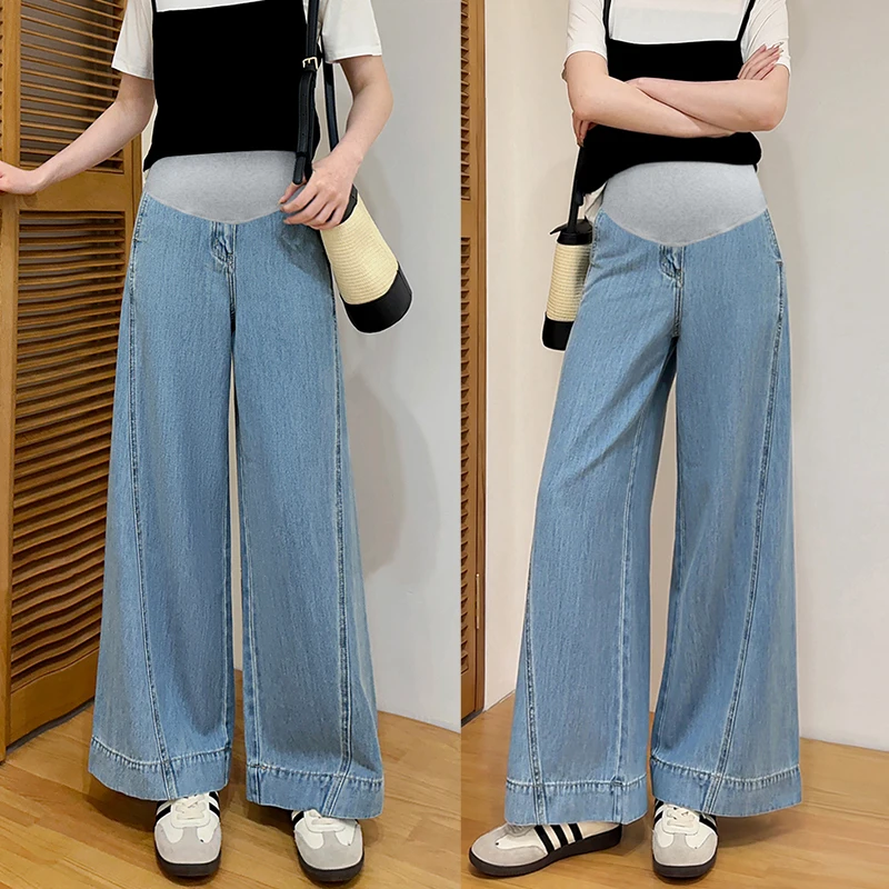 Boyfriend Style Baggy Denim Jeans for Maternity Summer Wide Leg Loose Big Boot Cut Pants for Pregnant Women Y2k Youth Pregnancy