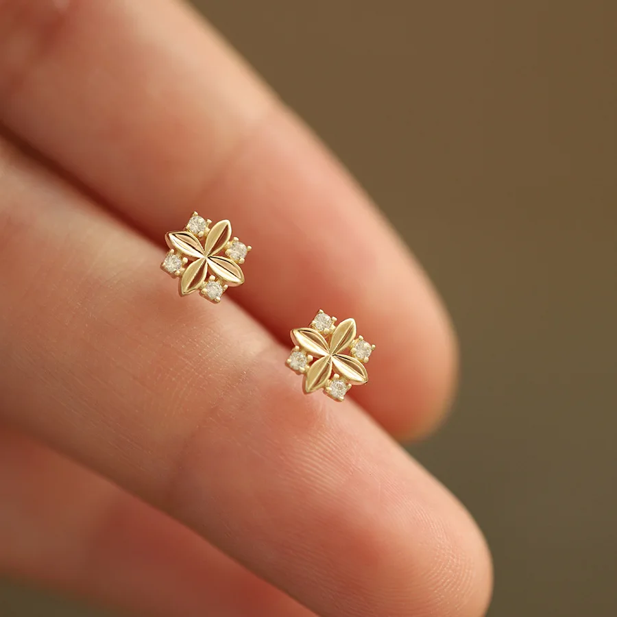 

925 Real Money 14K Gold Zircon Cross Flower ​Small Stud Earrings For Women Elegant Wedding Luxury Jewelry Prevent Allergies