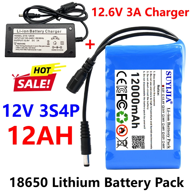 

18650 12AH lithium battery pack 12v 12000mAh rechargeable battery for robots, toy cars, electric cars, LED lights, bubble cars