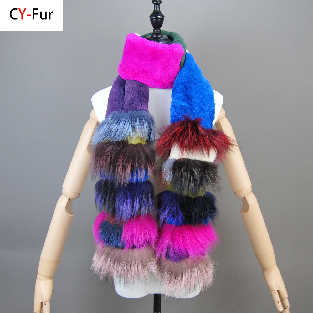 

New Natural Soft Knitted Rex Rabbit Fur Scarf Women Winter Long Style Real Fur Muffler Lady Warm 100% Genuine Fox Fur Scarves