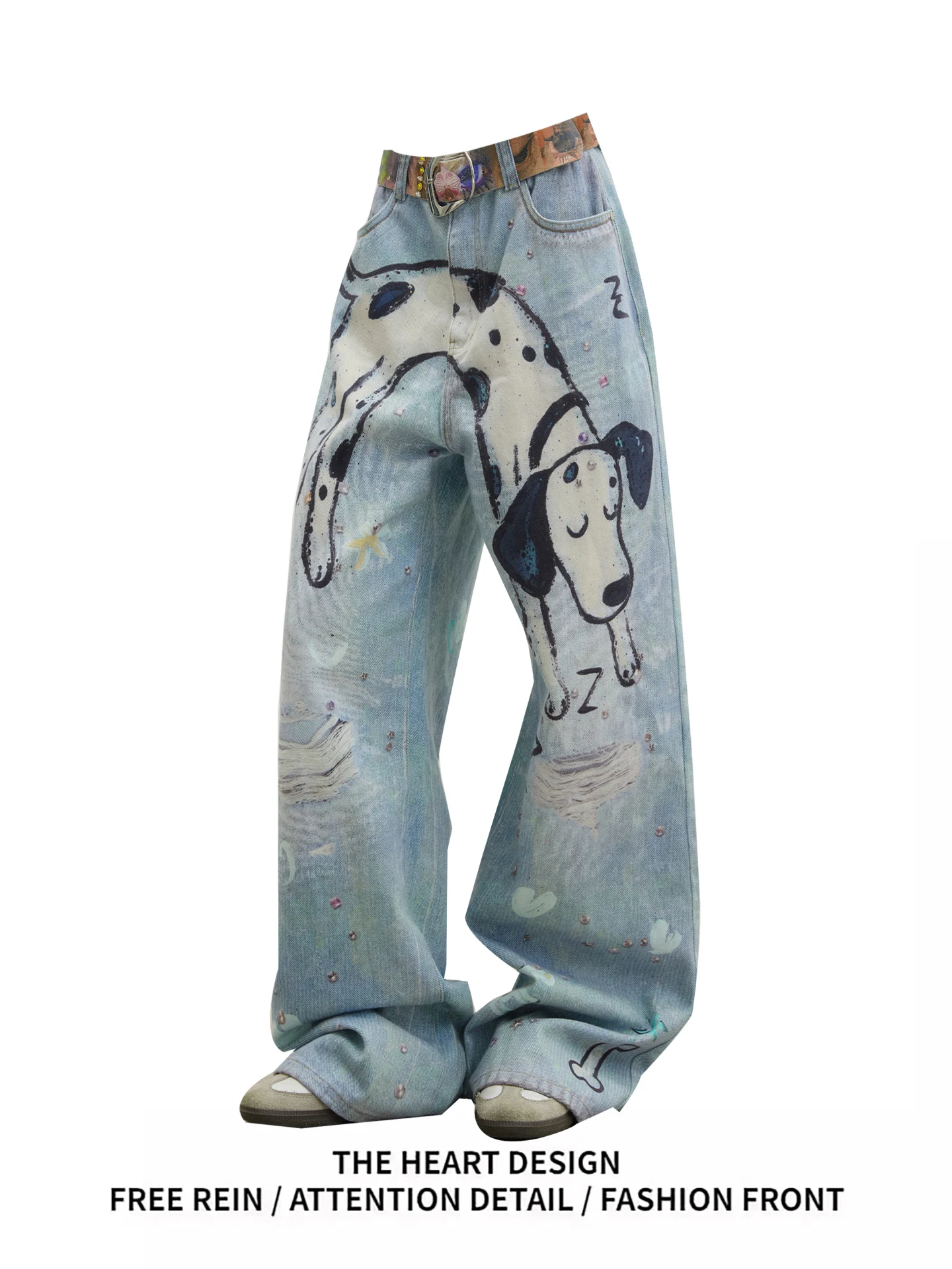 

Retro American Washed Dog Print Wide Leg Jeans Women's Loose Straight Cut Trousers Autumn Trend High Waist Denim Casual Pants