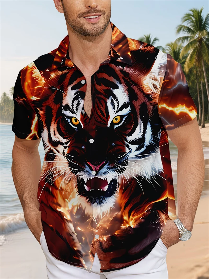 Hawaiian Men's Oversized Shirt 3d Print Cool Tiger Luxury Streetwear Clothes Casual Short Sleeve Lapel Vintage Harajuku Blouse