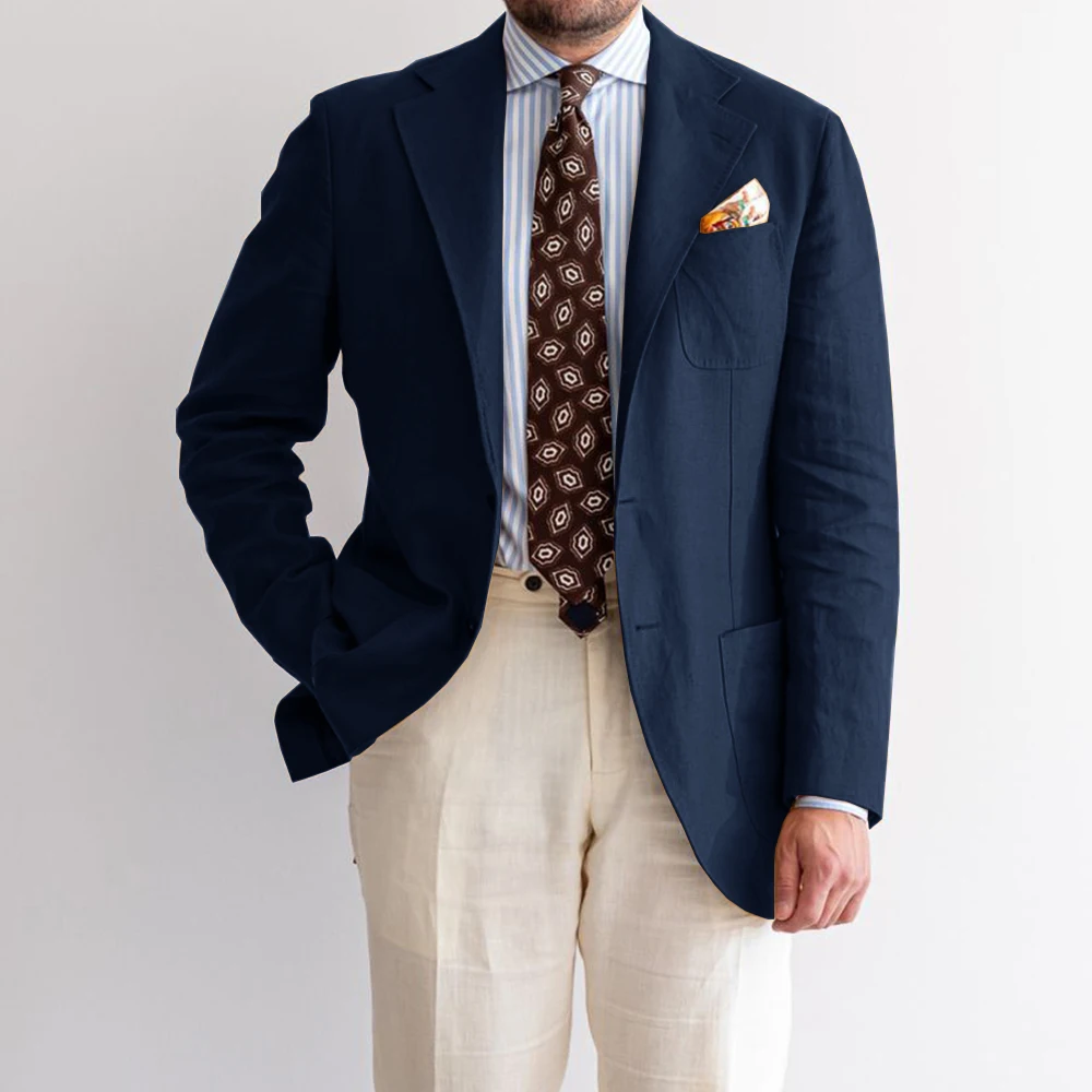 Jaket Setelan Linen Pria Blazer Elegan Kasual Slim Fit Kancing Sebaris Pakaian Formal Bisnis Nyaman Mantel Kantor Pria Bergaya