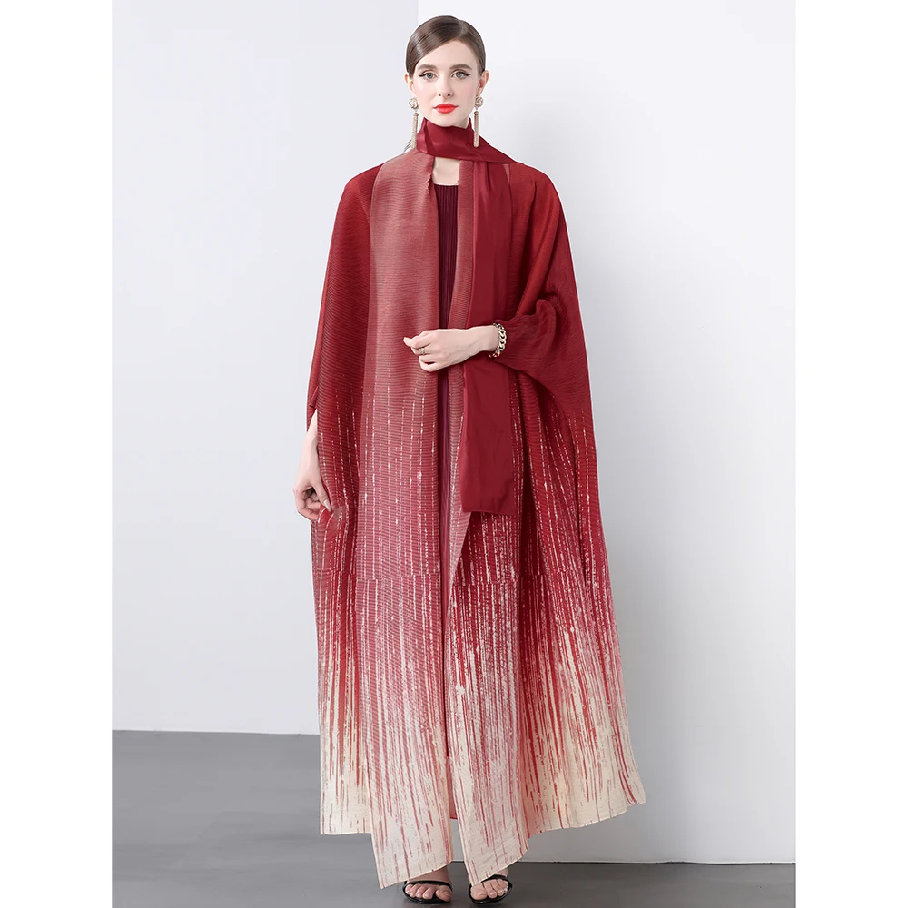 2024 Autumn Pleated Gradient Batwing Sleeve Loose Trench Coat New Miyake Elegant Women V Neck Lace Up Printed Loose Long Outwear