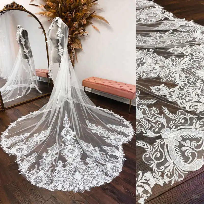 Vintage Bridal Veils Women One-Layer Tulle Appliqued Cut Edge Cathedral Veil Formal Occasion Dresses robes de soirée Customized