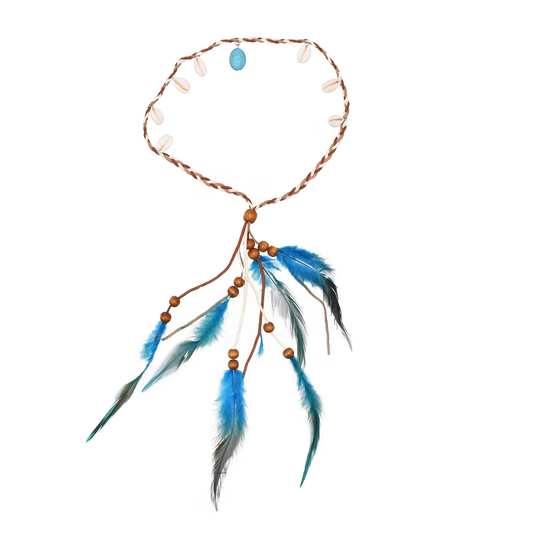 Vintage Boho Leather Rope Wood Beads Feather Hairband Traditional Indian Dirty Braids Hippie Festival Women's Hair Accessories