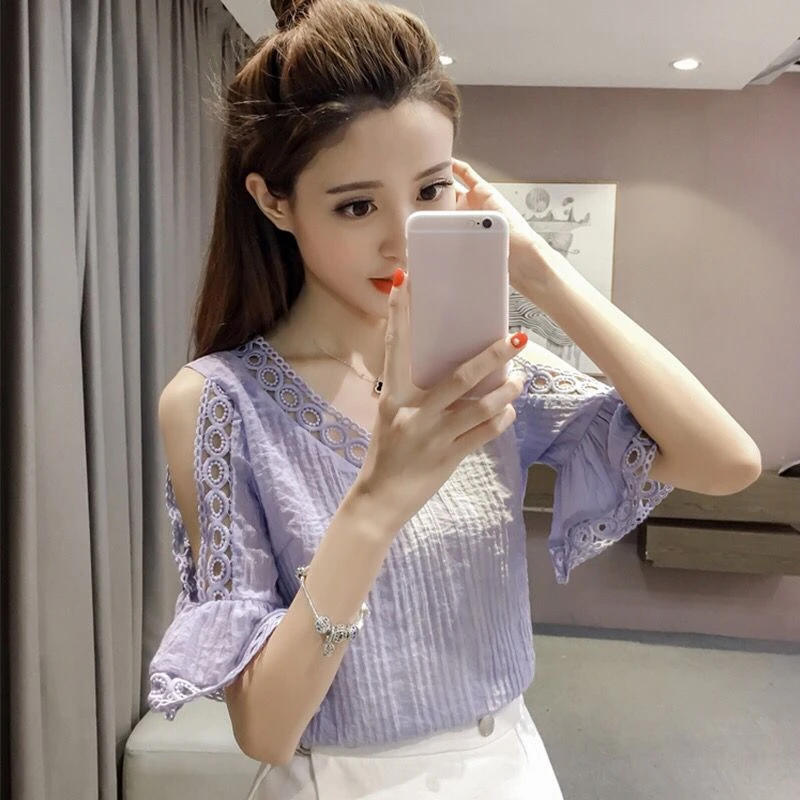 Woman Top Simple Shirts & Blouses For Women Bell Sleeves Off Shoulder Fashion 2024 Fine Elegant Economic With Premium Tall