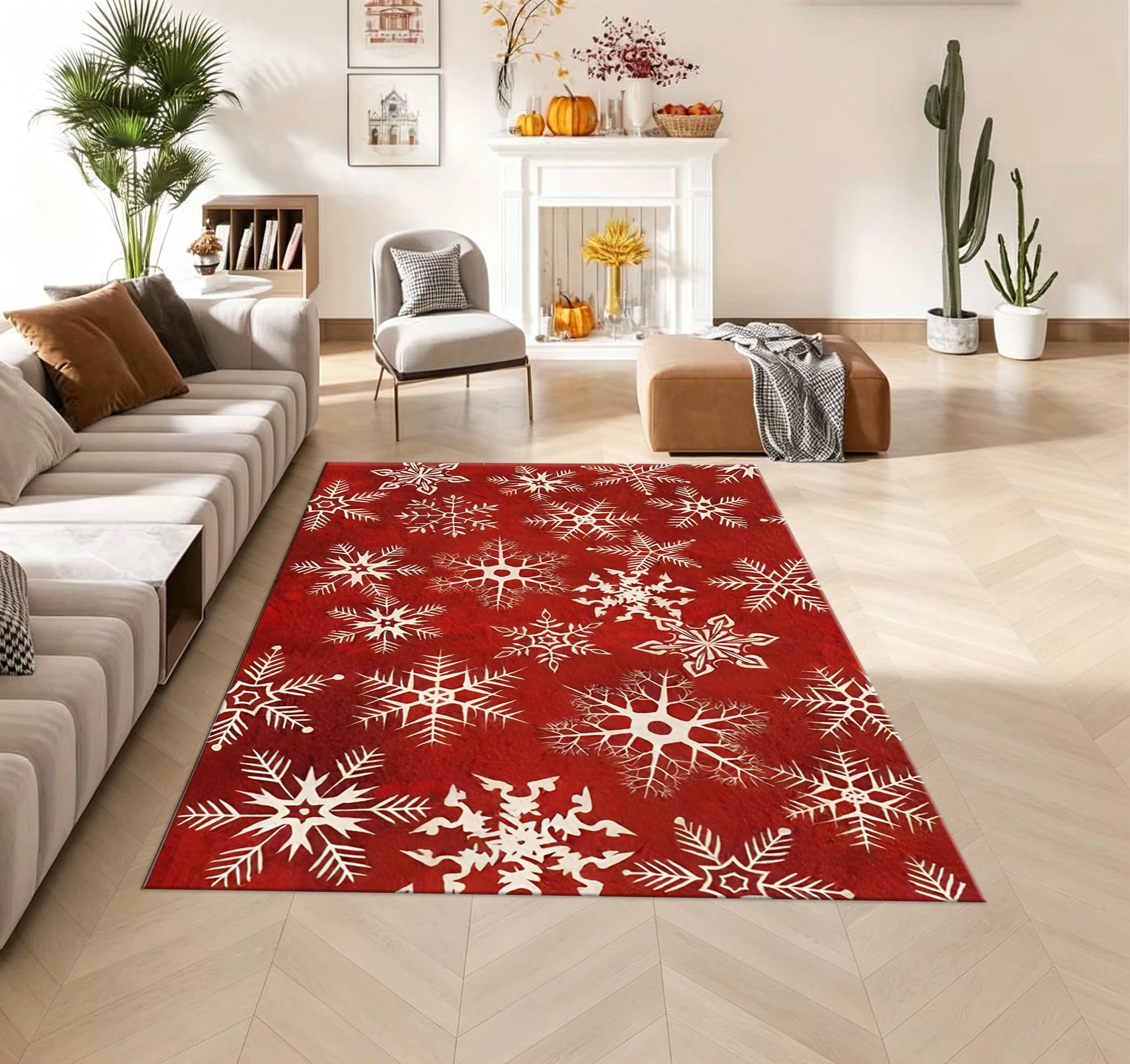 White Paper-Cut Snowflake Pattern Carpet Red Background Winter Festival Floor Mat Home Decoration Carpet